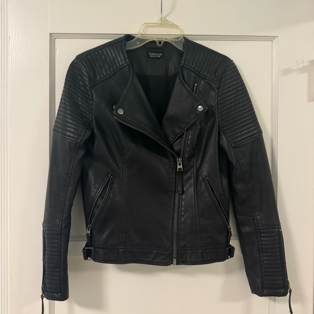 Topshop Faux Leather Biker Jacket in Black, US Size 6